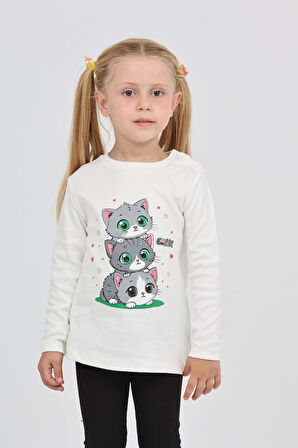 Toontoy Kız Çocuk Üçlü Kedi Baskılı Sweatshirt