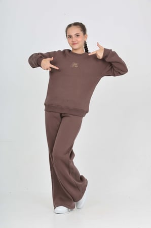 Toontoy Kız Çocuk 2li Eşofman Takımı Bisiklet Yaka Baskılı Swearshirt - Bol Paça Beli Lastikli Eşofman Altı 24882