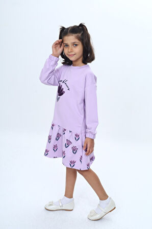 Toontoy Kız Çocuk Süzene Nakışlı Lale Baskılı Elbise