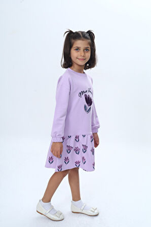 Toontoy Kız Çocuk Süzene Nakışlı Lale Baskılı Elbise
