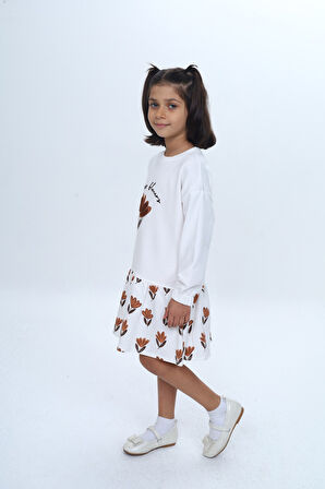 Toontoy Kız Çocuk Süzene Nakışlı Lale Baskılı Elbise