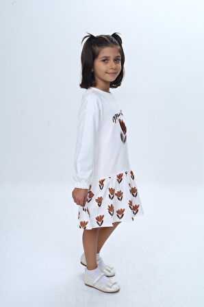 Toontoy Kız Çocuk Süzene Nakışlı Lale Baskılı Elbise