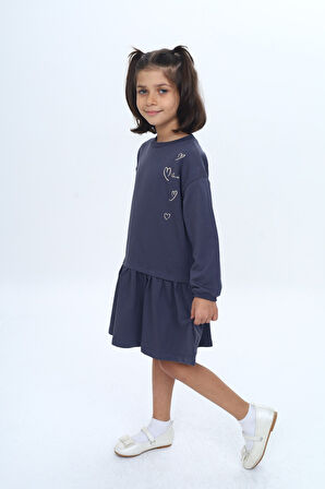 Toontoy Kız Çocuk Şeritli Kalp Nakışlı Elbise