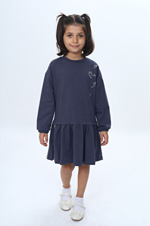 Toontoy Kız Çocuk Şeritli Kalp Nakışlı Elbise