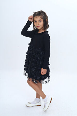 Toontoy Kız Çocuk Yaka Fırfır Etek 34 Çiçekli Tüllü Elbise