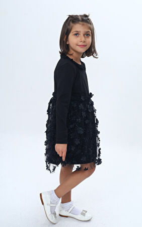 Toontoy Kız Çocuk Yaka Fırfır Etek 34 Çiçekli Tüllü Elbise