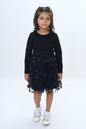 Toontoy Kız Çocuk Yaka Fırfır Etek 34 Çiçekli Tüllü Elbise