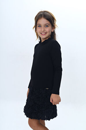 Toontoy Kız Çocuk Yaka Fırfır Etek 3D Güllü Elbise