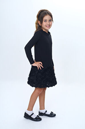 Toontoy Kız Çocuk Yaka Fırfır Etek 3D Güllü Elbise