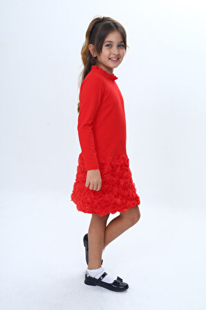 Toontoy Kız Çocuk Yaka Fırfır Etek 3D Güllü Elbise