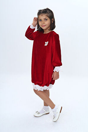 Toontoy Kız Çocuk Kadife Fırfır Detaylı Elbise