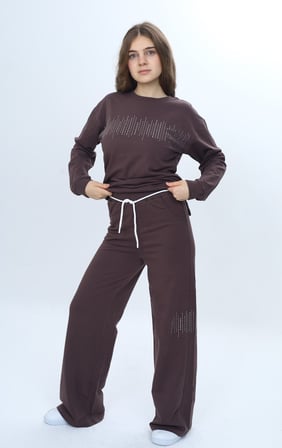 Toontoy Kız Çocuk 2'li Takım Taş İşlemeli & Bisiklet Yaka Sweatshirt & Bol Paça Cepli Eşofman Altı