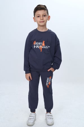Toontoy Erkek Çocuk 2'li Takım Baskılı Bisiklet Yaka Kısa Kollu Sweatshirt & Beli Paçası Lastikli Cepli Jogger Eşofman Altı - 2 İplik 24966