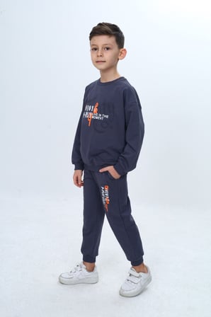 Toontoy Erkek Çocuk 2'li Takım Baskılı Bisiklet Yaka Kısa Kollu Sweatshirt & Beli Paçası Lastikli Cepli Jogger Eşofman Altı - 2 İplik 24966