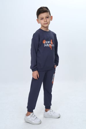 Toontoy Erkek Çocuk 2'li Takım Baskılı Bisiklet Yaka Kısa Kollu Sweatshirt & Beli Paçası Lastikli Cepli Jogger Eşofman Altı - 2 İplik 24966