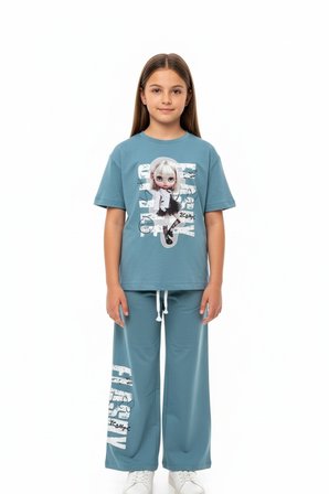 Toontoy Kız Çocuk 2'li  Eşofman Takım Bisiklet Yaka Kısa Kollu Baskılı Tişört - Beli Lastikli Bağlamalı Cepli Baskılı Bol Paça Eşofman Altı 25021