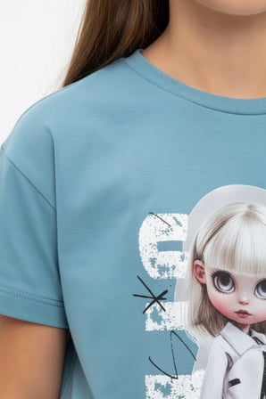 Toontoy Kız Çocuk 2'li  Eşofman Takım Bisiklet Yaka Kısa Kollu Baskılı Tişört - Beli Lastikli Bağlamalı Cepli Baskılı Bol Paça Eşofman Altı 25021