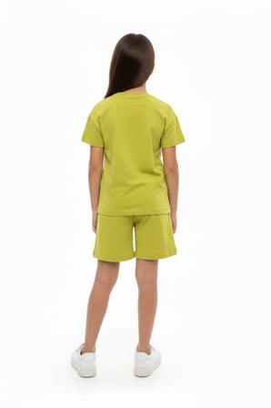 Toontoy Kız Çocuk 2'li Şortlu Takım Bisiklet Yaka Kısa Kollu Baskılı Tişört - Beli Lastikli Bağlamalı Cepli Şort 25020