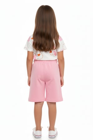 Toontoy Kız Çocuk 2'li  Kaprili Takım Bisiklet Yaka Düşük Omuz Kısa Kollu Baskılı Tişört - Beli Lastikli Cepli Bağlamalı Kapri  25013