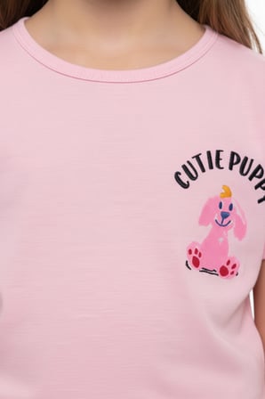 Toontoy Kız Çocuk 2'li Şortlu Takım Bisiklet Yaka Düşük Omuz Kısa Kollu  Baskılı Tişört - Beli Lastikli Bağlamalı Cepli Şort 25016