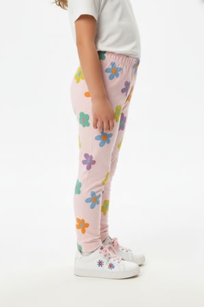Toontoy Kız Çocuk Beli Lastikli  Renkli Çiçek Baskılı Tayt 25029