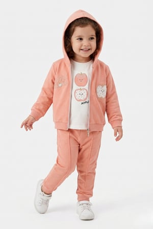 Toontoy Kız Çocuk 3'lü Eşofman Takımı Uzun Kollu Bisiklet Yaka Nakışlı T-shirt - Kapüşonlu Fermuarlı Hırka- Beli Paçası Lastikli Eşofman Altı 25040