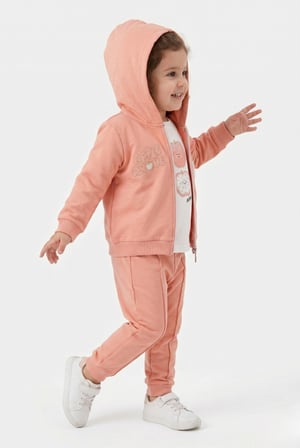 Toontoy Kız Çocuk 3'lü Eşofman Takımı Uzun Kollu Bisiklet Yaka Nakışlı T-shirt - Kapüşonlu Fermuarlı Hırka- Beli Paçası Lastikli Eşofman Altı 25040