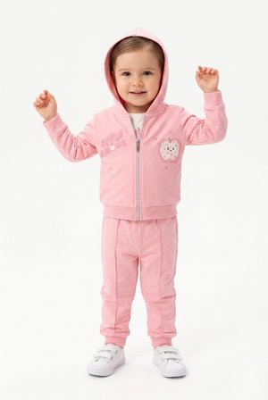 Toontoy Kız Çocuk 3'lü Eşofman Takımı Uzun Kollu Bisiklet Yaka Nakışlı T-shirt - Kapüşonlu Fermuarlı Hırka- Beli Paçası Lastikli Eşofman Altı 25040