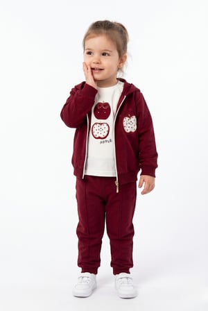 Toontoy Kız Çocuk 3'lü Eşofman Takımı Uzun Kollu Bisiklet Yaka Nakışlı T-shirt - Kapüşonlu Fermuarlı Hırka- Beli Paçası Lastikli Eşofman Altı 25040