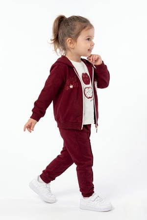 Toontoy Kız Çocuk 3'lü Eşofman Takımı Uzun Kollu Bisiklet Yaka Nakışlı T-shirt - Kapüşonlu Fermuarlı Hırka- Beli Paçası Lastikli Eşofman Altı 25040