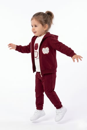 Toontoy Kız Çocuk 3'lü Eşofman Takımı Uzun Kollu Bisiklet Yaka Nakışlı T-shirt - Kapüşonlu Fermuarlı Hırka- Beli Paçası Lastikli Eşofman Altı 25040