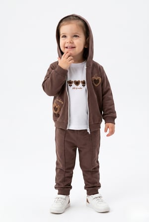 Toontoy Kız Çocuk 3'lü Eşofman Takımı Uzun Kollu Bisiklet Yaka Nakışlı T-shirt - Kapüşonlu Fermuarlı Hırka- Beli Paçası Lastikli Eşofman Altı 25041
