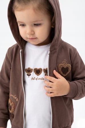 Toontoy Kız Çocuk 3'lü Eşofman Takımı Uzun Kollu Bisiklet Yaka Nakışlı T-shirt - Kapüşonlu Fermuarlı Hırka- Beli Paçası Lastikli Eşofman Altı 25041