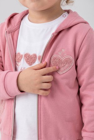 Toontoy Kız Çocuk 3'lü Eşofman Takımı Uzun Kollu Bisiklet Yaka Nakışlı T-shirt - Kapüşonlu Fermuarlı Hırka- Beli Paçası Lastikli Eşofman Altı 25041