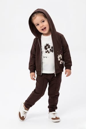 Toontoy Kız Çocuk 3'lü Eşofman Takımı Uzun Kollu Bisiklet Yaka Nakışlı T-shirt - Kapüşonlu Fermuarlı Hırka- Beli Paçası Lastikli Eşofman Altı 25042