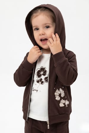 Toontoy Kız Çocuk 3'lü Eşofman Takımı Uzun Kollu Bisiklet Yaka Nakışlı T-shirt - Kapüşonlu Fermuarlı Hırka- Beli Paçası Lastikli Eşofman Altı 25042