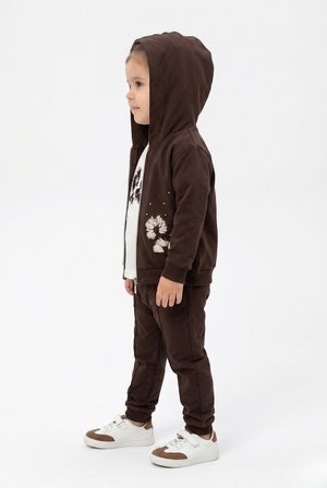 Toontoy Kız Çocuk 3'lü Eşofman Takımı Uzun Kollu Bisiklet Yaka Nakışlı T-shirt - Kapüşonlu Fermuarlı Hırka- Beli Paçası Lastikli Eşofman Altı 25042