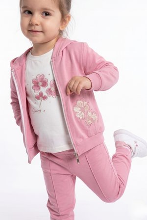 Toontoy Kız Çocuk 3'lü Eşofman Takımı Uzun Kollu Bisiklet Yaka Nakışlı T-shirt - Kapüşonlu Fermuarlı Hırka- Beli Paçası Lastikli Eşofman Altı 25042