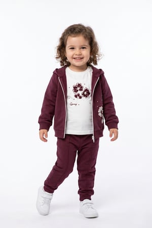 Toontoy Kız Çocuk 3'lü Eşofman Takımı Uzun Kollu Bisiklet Yaka Nakışlı T-shirt - Kapüşonlu Fermuarlı Hırka- Beli Paçası Lastikli Eşofman Altı 25042