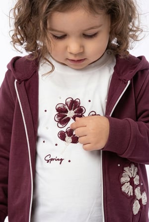 Toontoy Kız Çocuk 3'lü Eşofman Takımı Uzun Kollu Bisiklet Yaka Nakışlı T-shirt - Kapüşonlu Fermuarlı Hırka- Beli Paçası Lastikli Eşofman Altı 25042