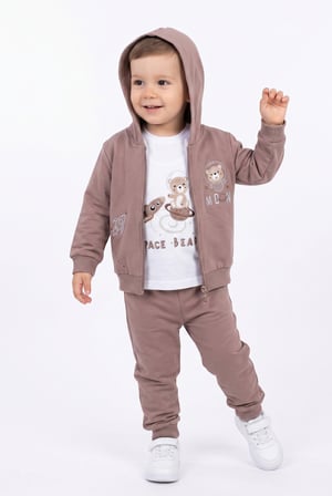 Toontoy Erkek Çocuk 3'lü Eşofman Takımı Uzun Kollu Bisiklet Yaka Nakışlı T-shirt - Kapüşonlu Fermuarlı Hırka- Beli Paçası Lastikli Eşofman Altı 25045
