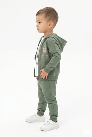 Toontoy Erkek Çocuk 3'lü Eşofman Takımı Uzun Kollu Bisiklet Yaka Nakışlı T-shirt - Kapüşonlu Fermuarlı Hırka- Beli Paçası Lastikli Eşofman Altı 25045