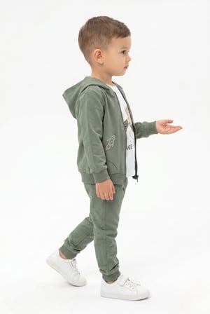 Toontoy Erkek Çocuk 3'lü Eşofman Takımı Uzun Kollu Bisiklet Yaka Nakışlı T-shirt - Kapüşonlu Fermuarlı Hırka- Beli Paçası Lastikli Eşofman Altı 25045