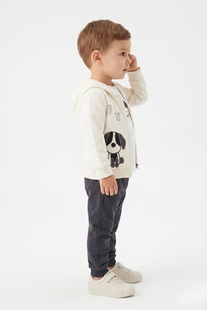 Toontoy Erkek Çocuk 3'lü Eşofman Takımı Uzun Kollu Bisiklet Yaka Nakışlı T-shirt - Kapüşonlu Fermuarlı Hırka- Beli Paçası Lastikli Eşofman Altı 25043