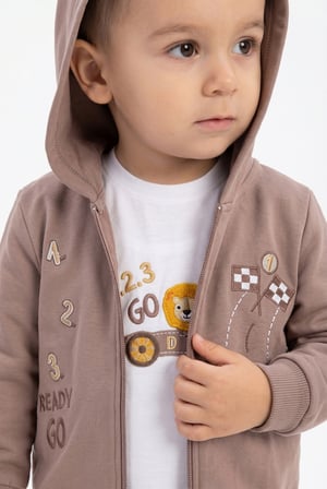 Toontoy Erkek Çocuk 3'lü Eşofman Takımı Uzun Kollu Bisiklet Yaka Nakışlı T-shirt - Kapüşonlu Fermuarlı Hırka- Beli Paçası Lastikli Eşofman Altı 25044
