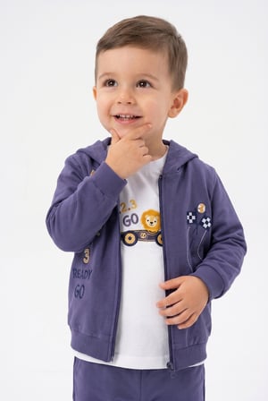 Toontoy Erkek Çocuk 3'lü Eşofman Takımı Uzun Kollu Bisiklet Yaka Nakışlı T-shirt - Kapüşonlu Fermuarlı Hırka- Beli Paçası Lastikli Eşofman Altı 25044