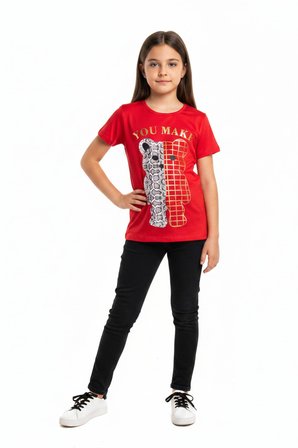Toontoy Kız Çocuk Bisiklet Yaka Kısa Kollu Baskılı Tişört  11273