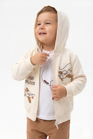 Toontoy Erkek Çocuk 3'lü Eşofman Takımı Uzun Kollu Bisiklet Yaka Nakışlı T-shirt - Kapüşonlu Fermuarlı Hırka- Beli Paçası Lastikli Eşofman Altı 25052