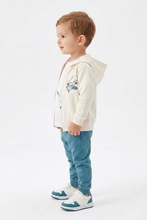 Toontoy Erkek Çocuk 3'lü Eşofman Takımı Uzun Kollu Bisiklet Yaka Nakışlı T-shirt - Kapüşonlu Fermuarlı Hırka- Beli Paçası Lastikli Eşofman Altı 25052