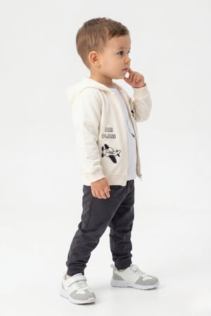Toontoy Erkek Çocuk 3'lü Eşofman Takımı Uzun Kollu Bisiklet Yaka Nakışlı T-shirt - Kapüşonlu Fermuarlı Hırka- Beli Paçası Lastikli Eşofman Altı 25052